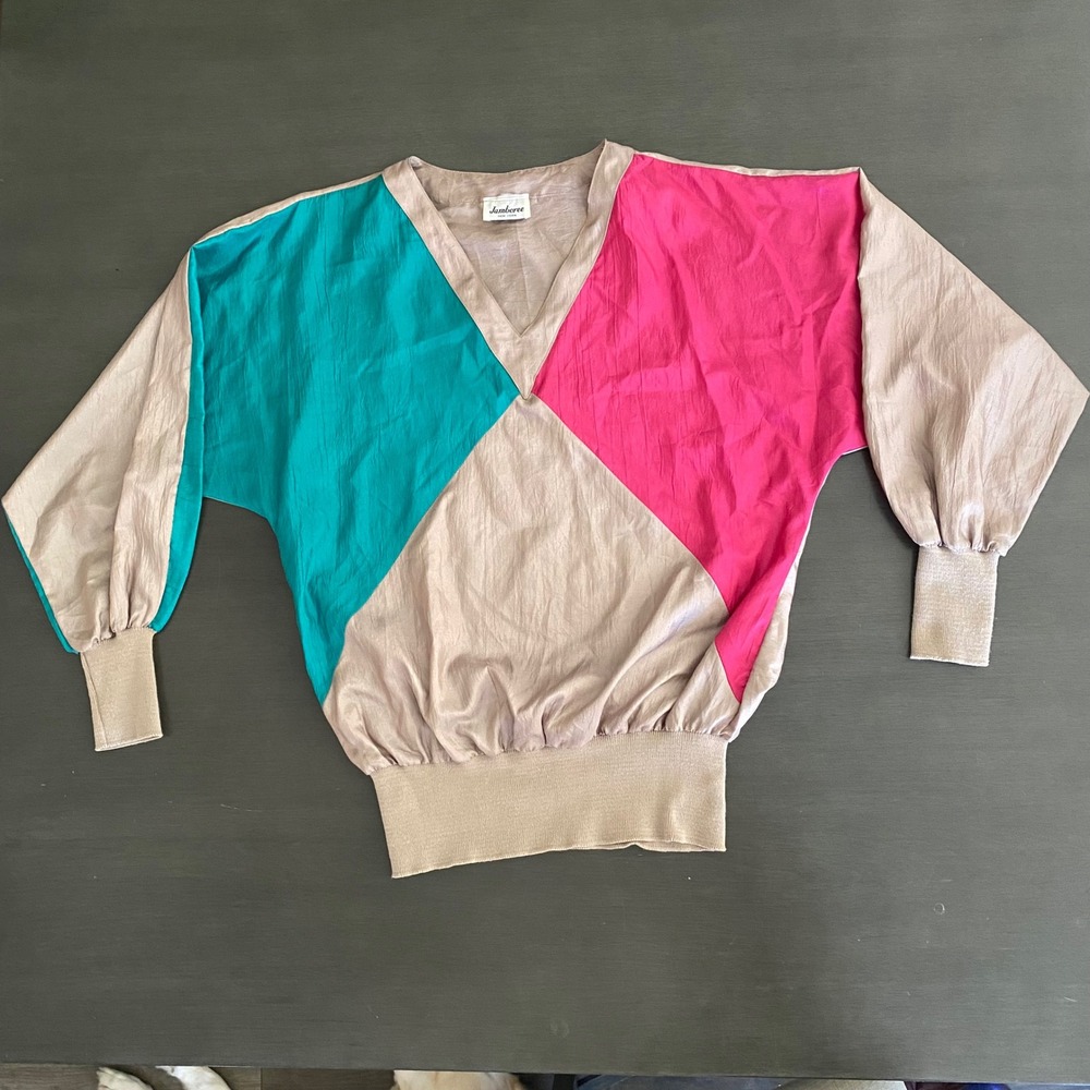 Vintage Jamboree New York 80s Colorblock Batwing Blouse Pink Teal Champagne 4